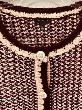 Talbots Burgundy Pink Cream Wool Blend Tweed Cardigan XLP Gold White Buttons